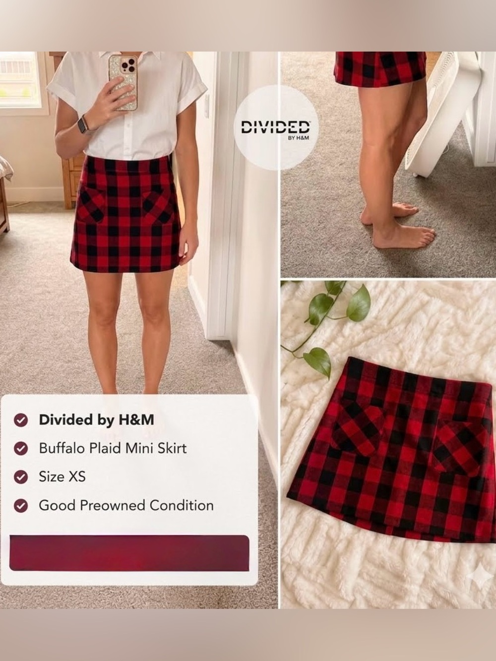 H&M Divided Red and Black Buffalo Plaid Mini Skirt